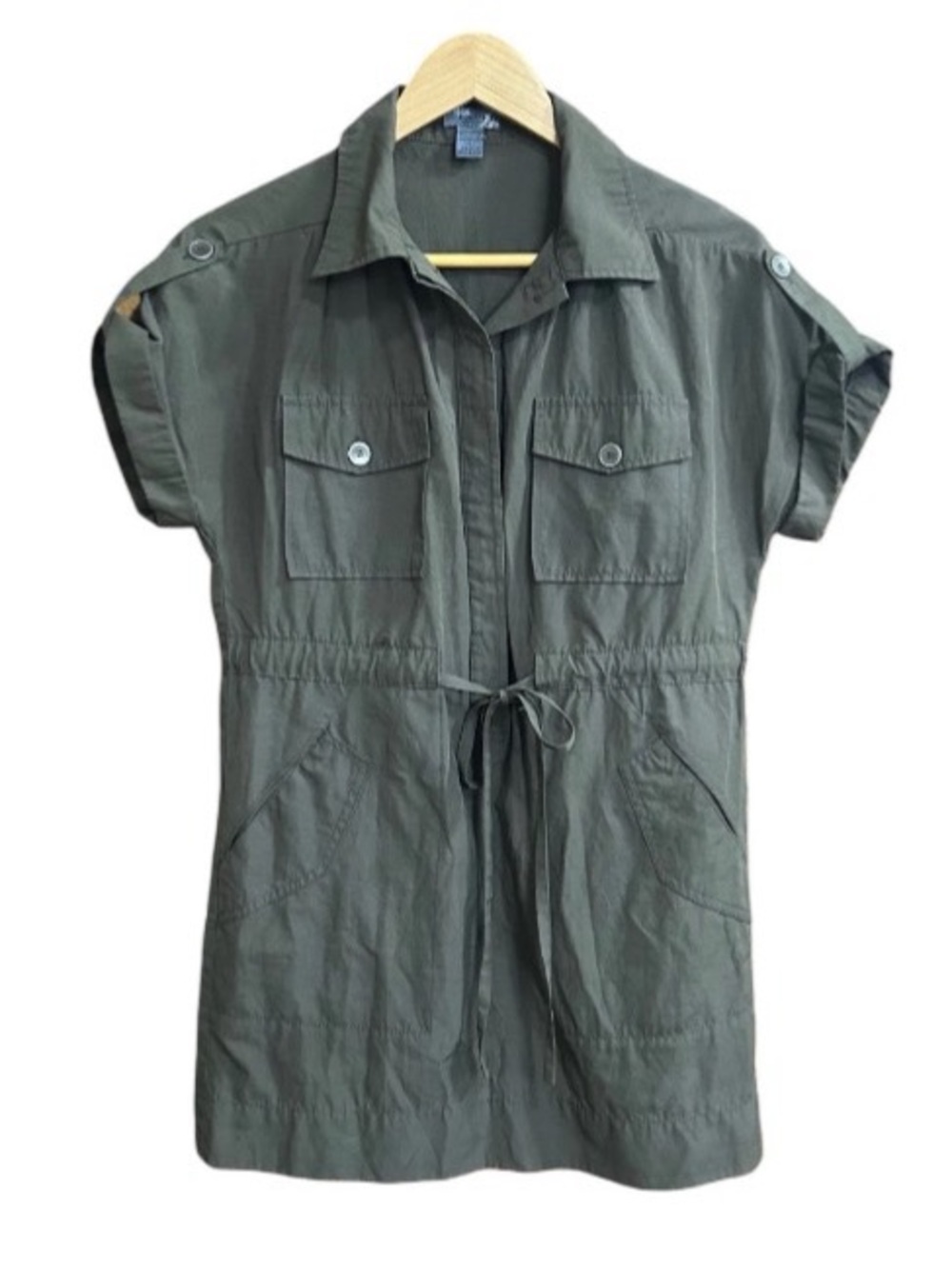 Mini Utility Shirt Dress Pockets Batwing Sleeves Belted Tie Cinch Waist Green SM